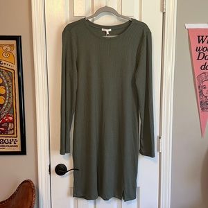 Olive Green Ribbed Long Sleeve Body Con Dress